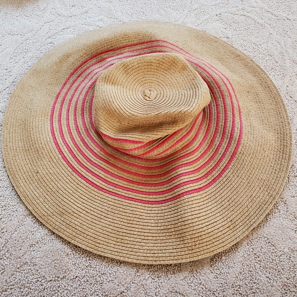 J. Crew Floppy Simmer Straw Beach Pool Hat Brown Pink Stripe